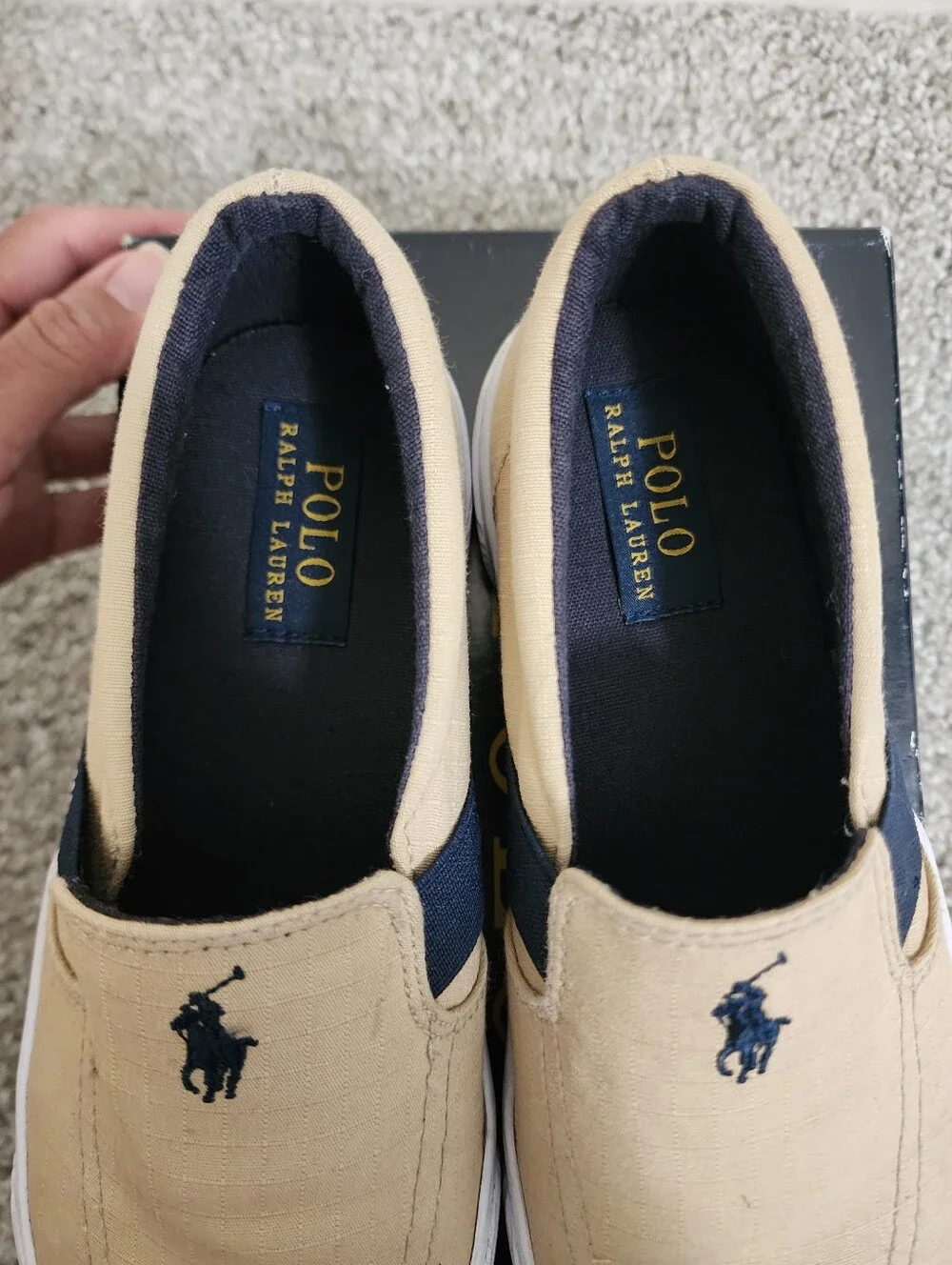 Polo by Ralph Lauren Beige Canvas Slip-On Loafers with Navy Trim
